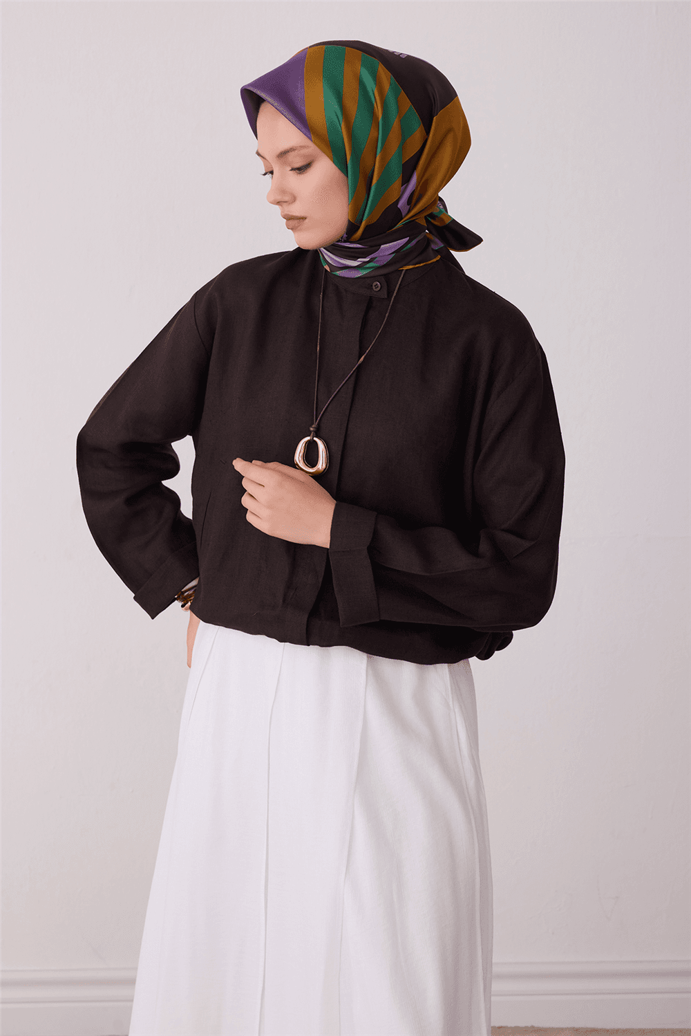 Belli %100 Twill İpek Eşarp 4409D - Kahverengi