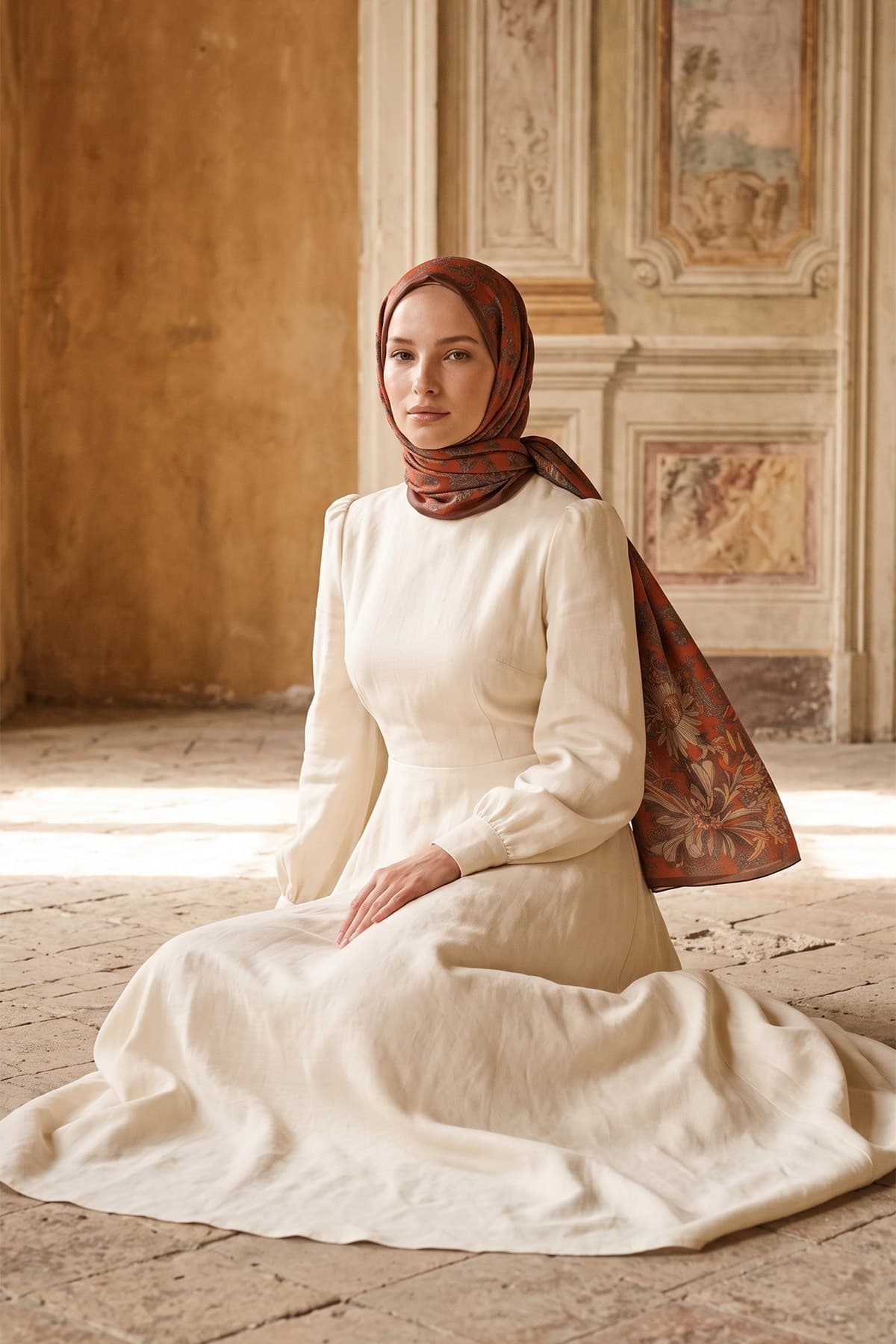 LuvènSara Desenli İpek Şal LSDG03328 - Kiremit 1