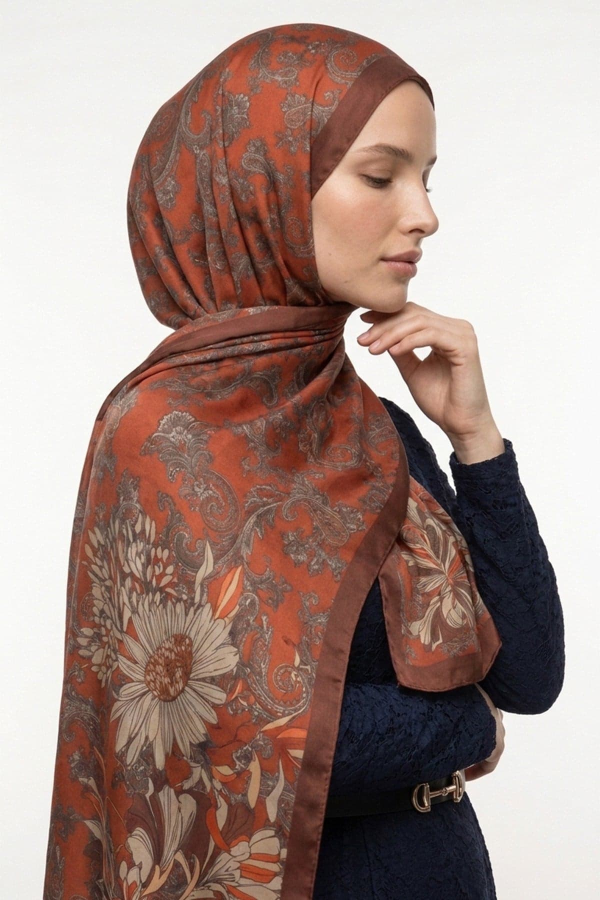 LuvènSara Desenli İpek Şal LSDG03328 - Kiremit 2