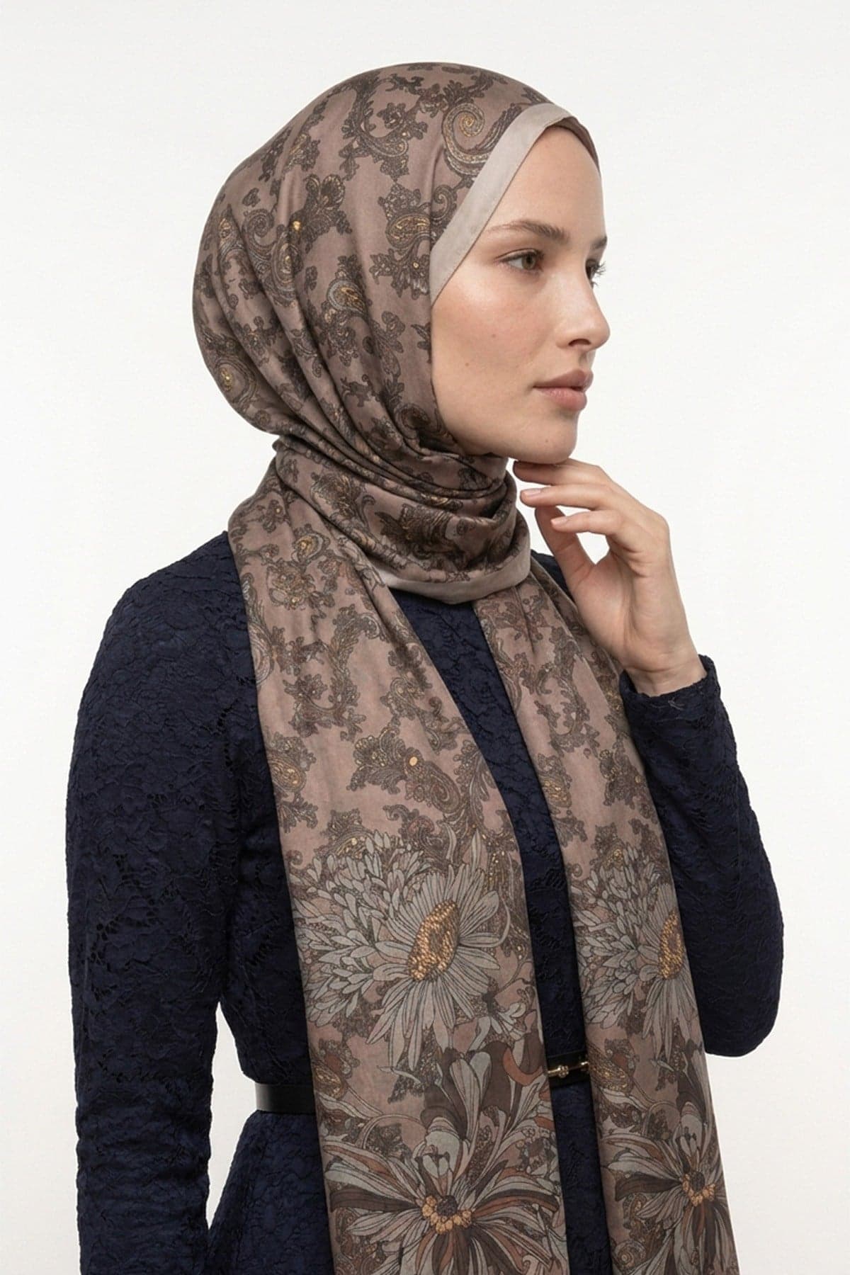 LuvènSara Desenli İpek Şal LSDG03328 - Vizon 2