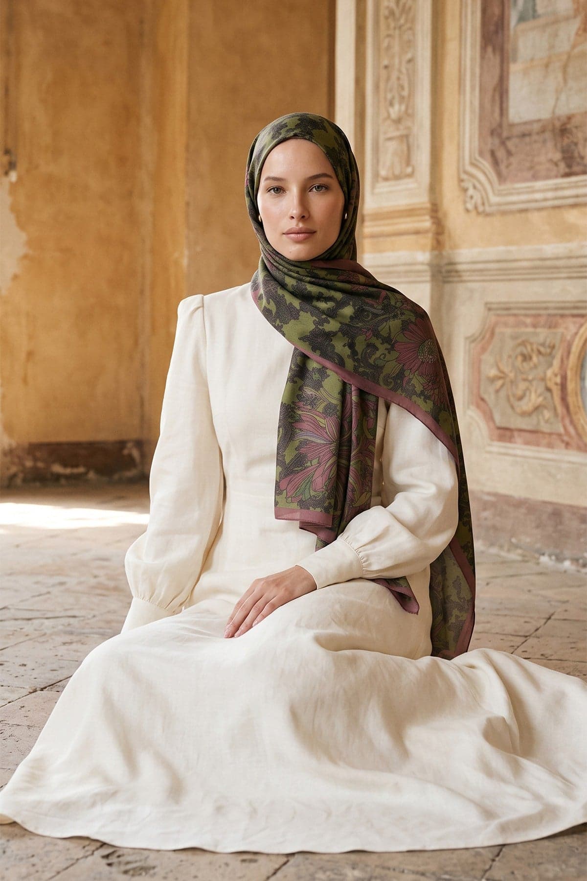 LuvènSara Desenli İpek Şal LSDG03328 - Haki 1