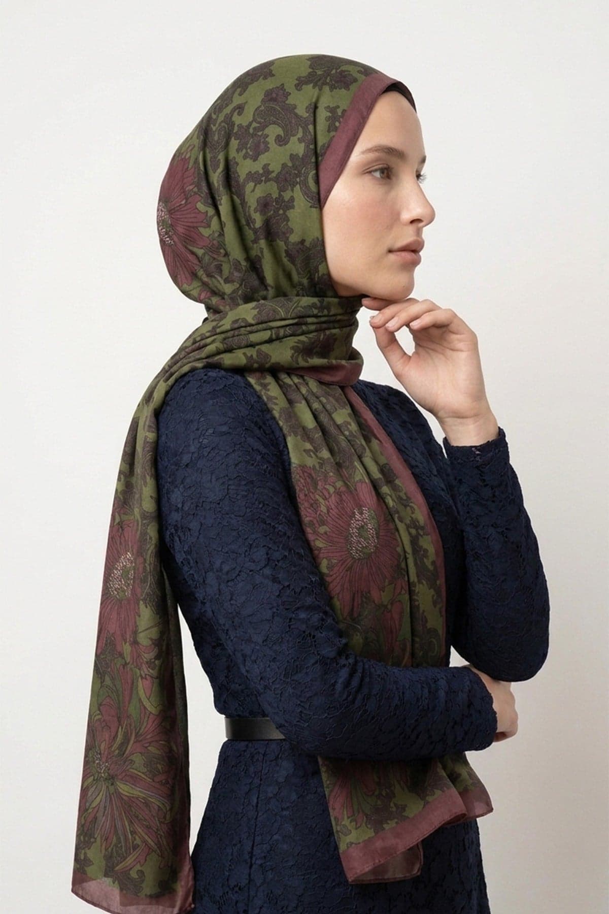 LuvènSara Desenli İpek Şal LSDG03328 - Haki 3