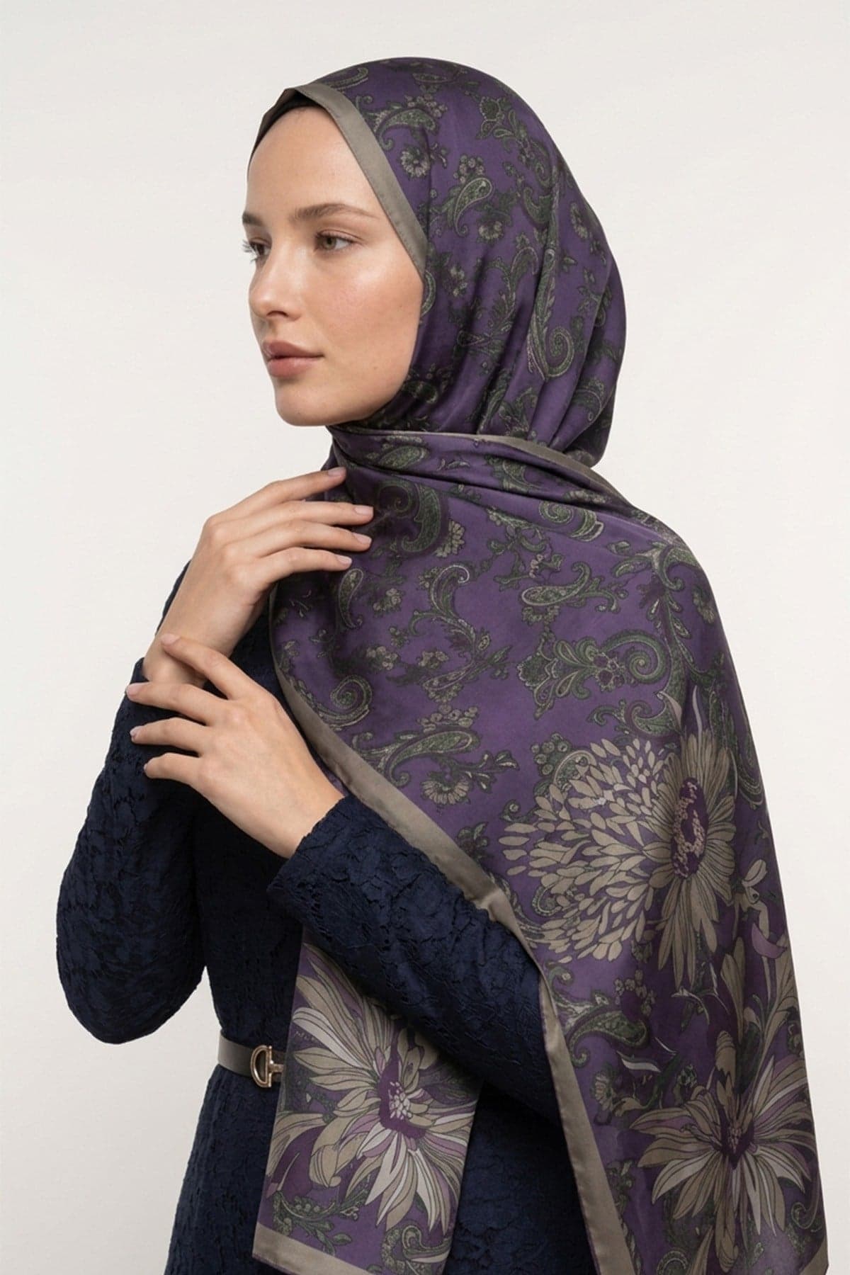 LuvènSara Desenli İpek Şal LSDG03328 - Mor 2