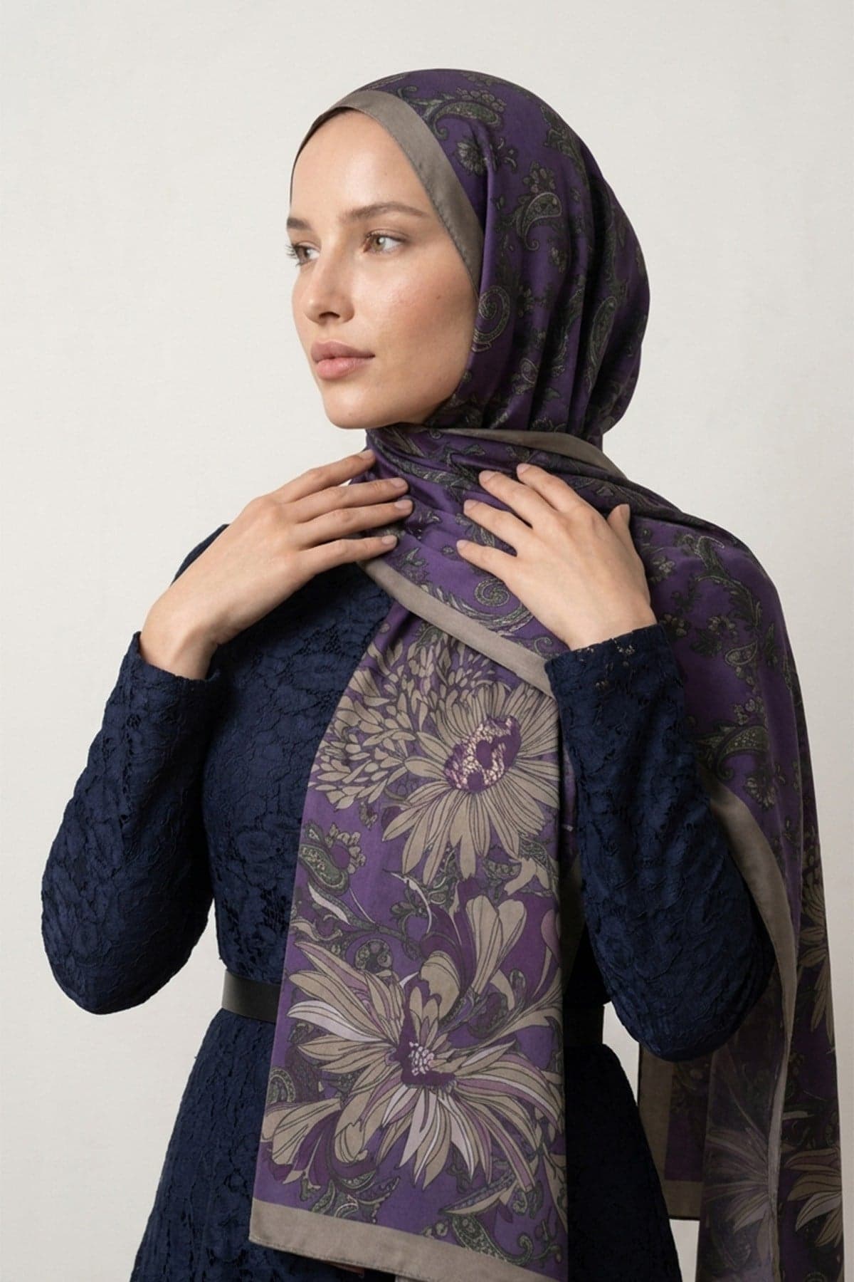 LuvènSara Desenli İpek Şal LSDG03328 - Mor 3