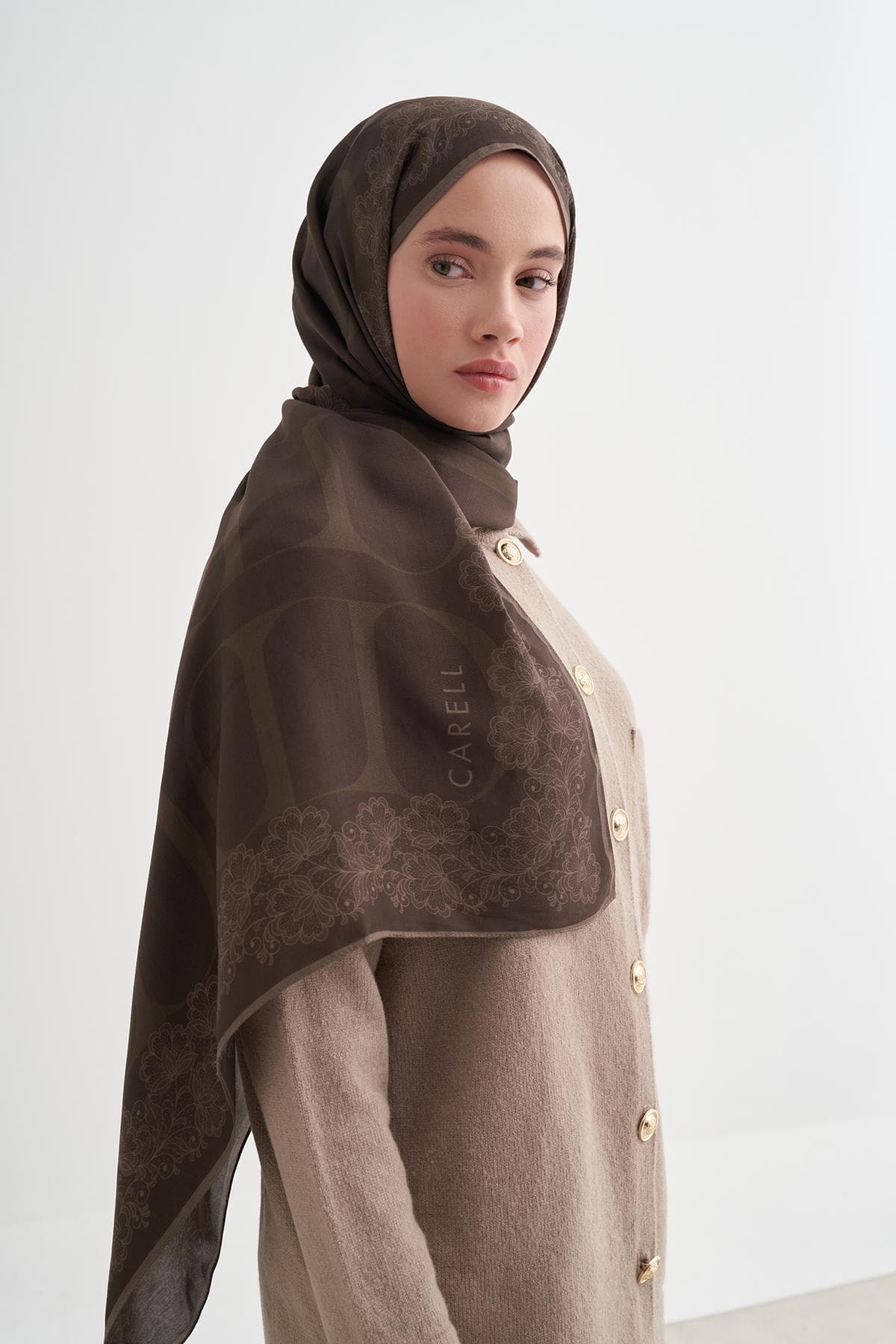 Carell Floral Monogram Floş Şal - Soft Kahve 1