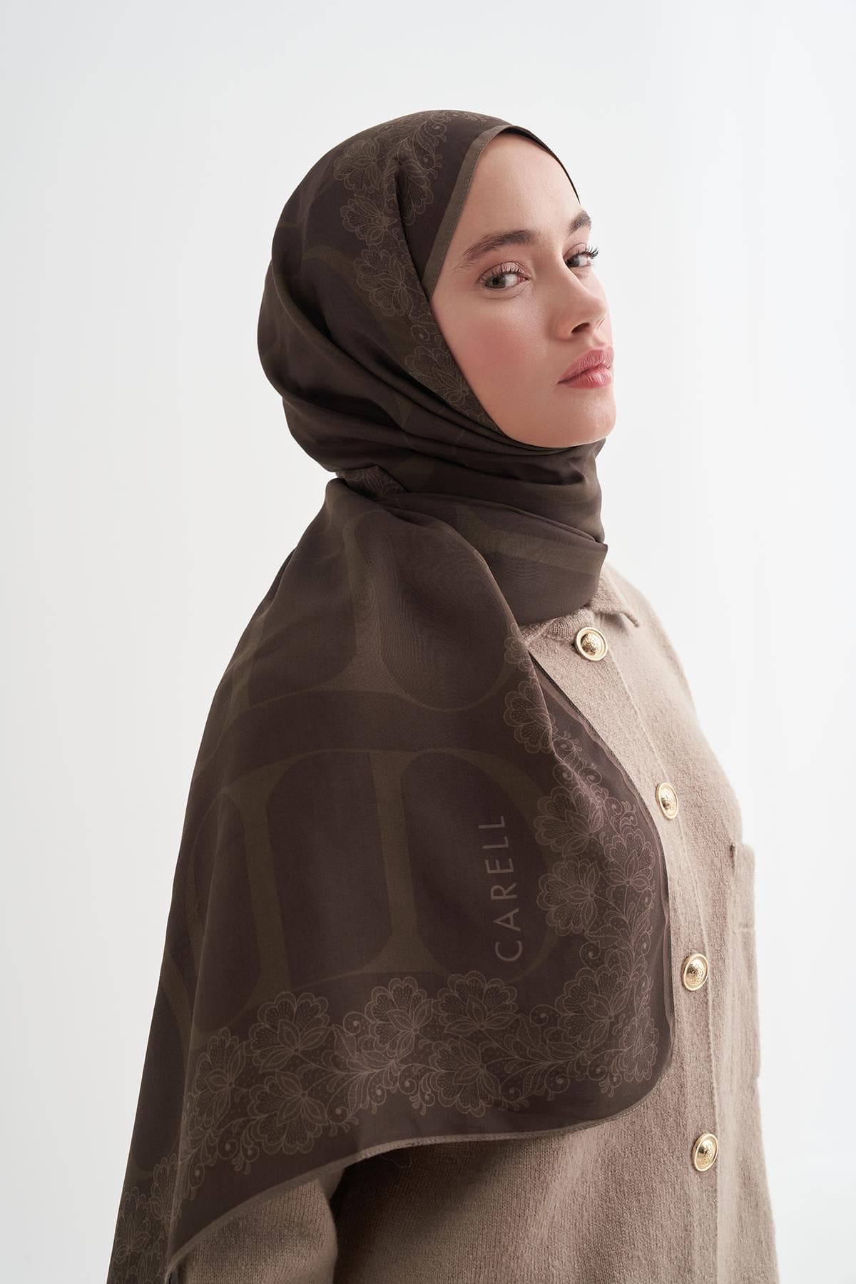 Carell Floral Monogram Floş Şal - Soft Kahve 2