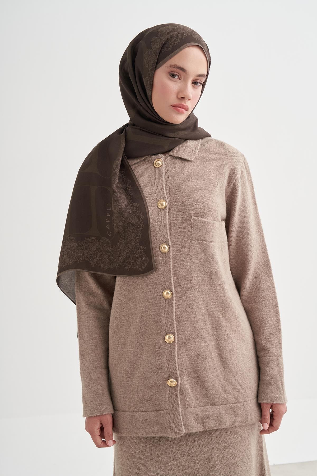 Carell Floral Monogram Floş Şal - Soft Kahve 6