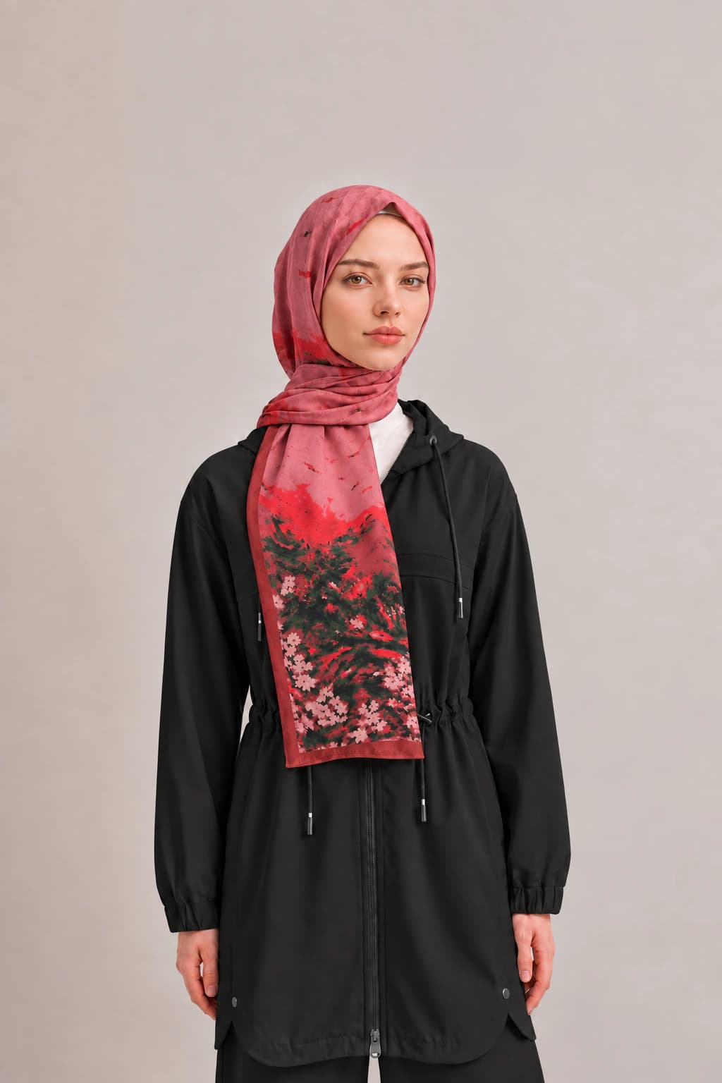 Emproyal Çiçek Desenli Viskon Floş Şal - Pembe 1