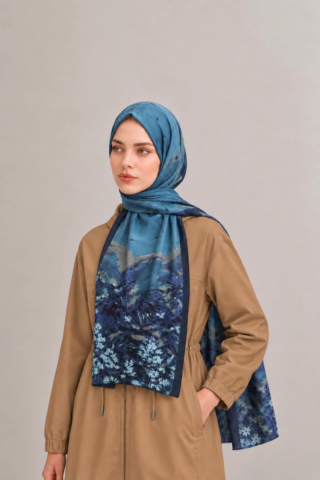 Emproyal Çiçek Desenli Viskon Floş Şal - Lacivert 2