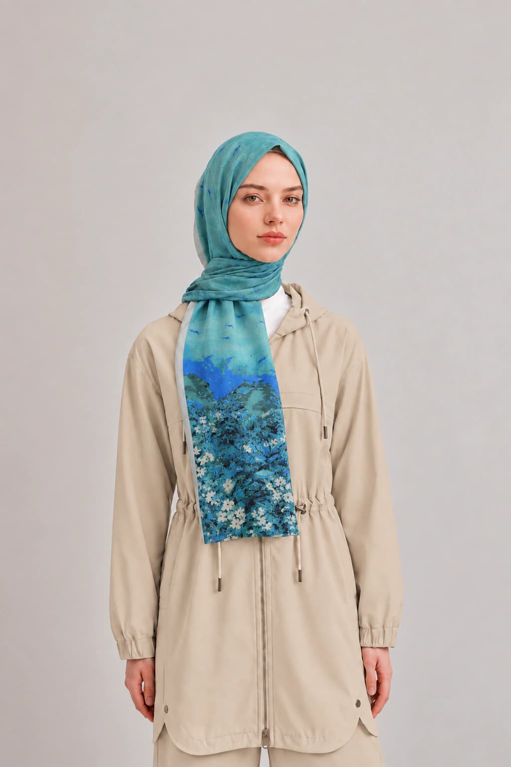 Emproyal Çiçek Desenli Viskon Floş Şal - Turkuaz 1