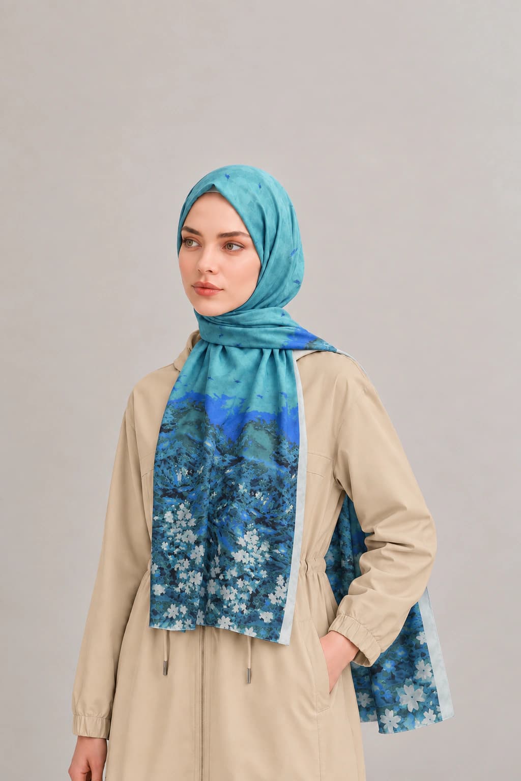 Emproyal Çiçek Desenli Viskon Floş Şal - Turkuaz 2