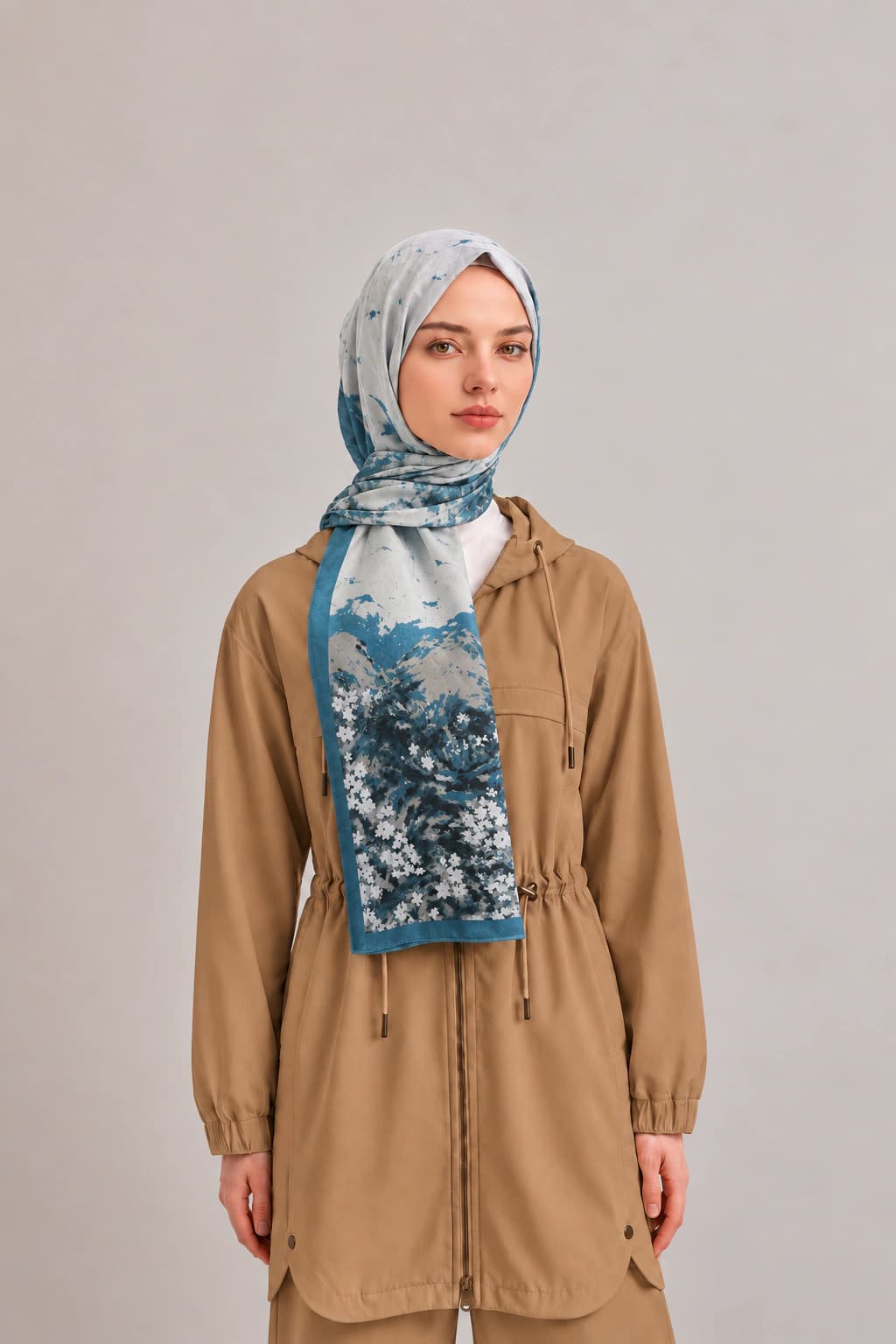 Emproyal Çiçek Desenli Viskon Floş Şal - Beyaz 1