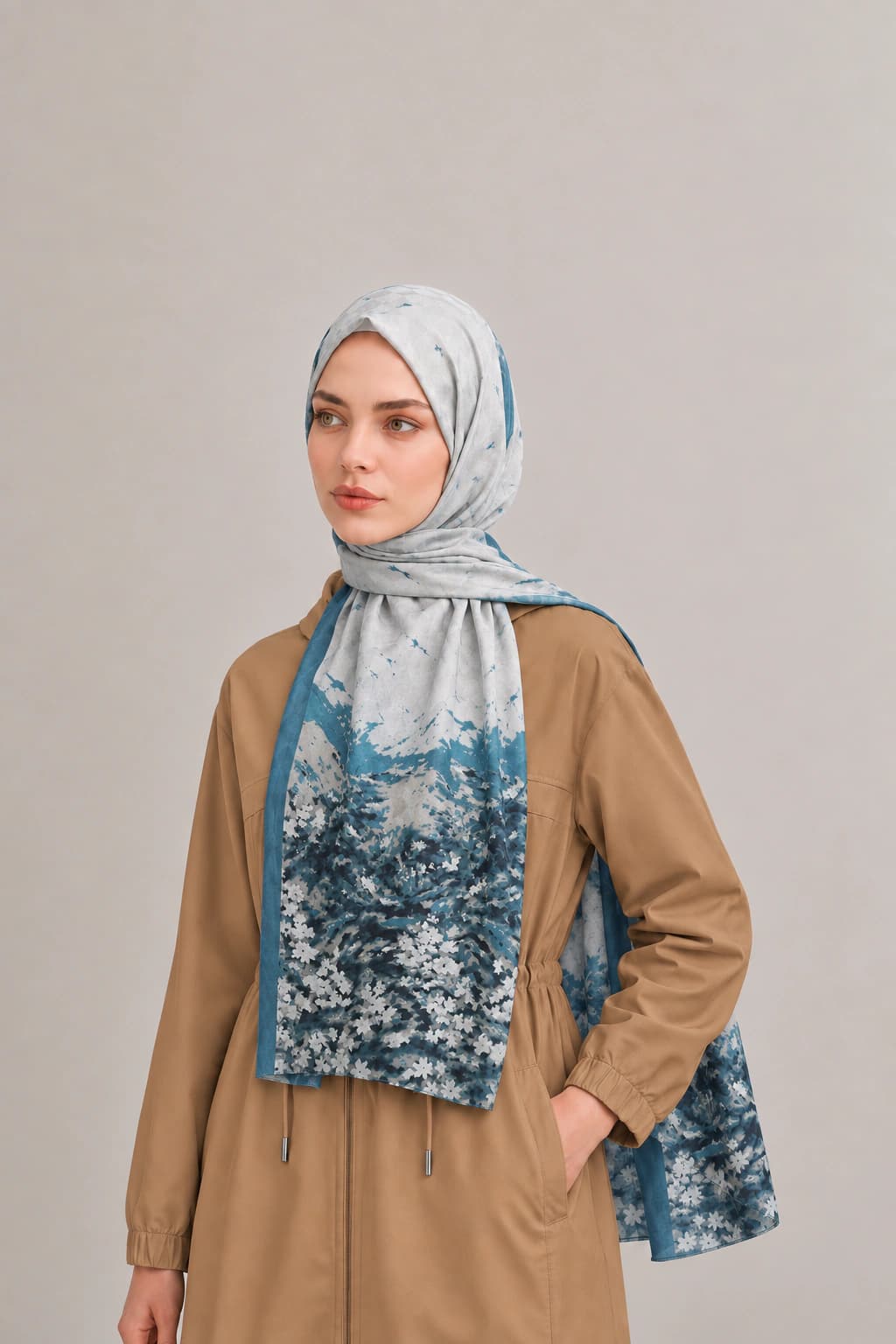Emproyal Çiçek Desenli Viskon Floş Şal - Beyaz 2