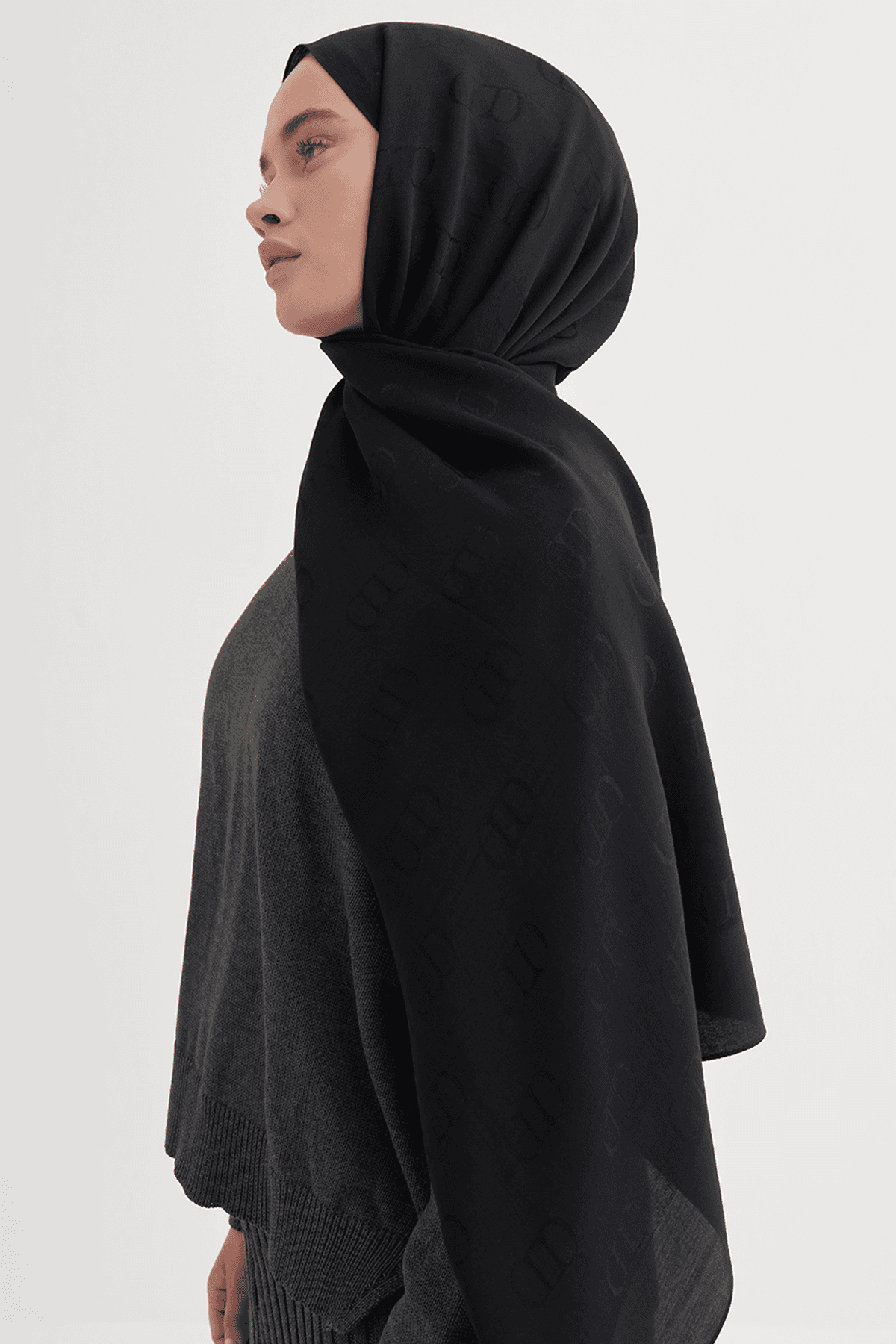 Carell Monogram Desen Liora Pamuk Şal - Siyah 1