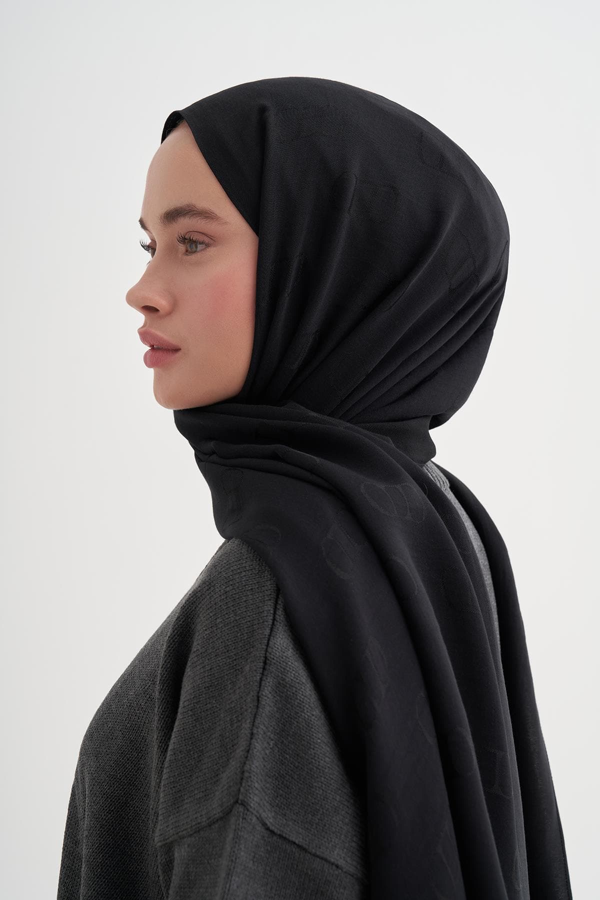 Carell Monogram Desen Liora Pamuk Şal - Siyah 2